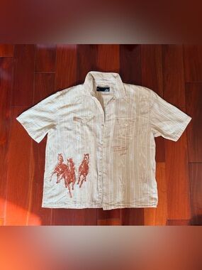 Lost Men's XL Beige White Striped Western Embroidered Button-Up Shirt